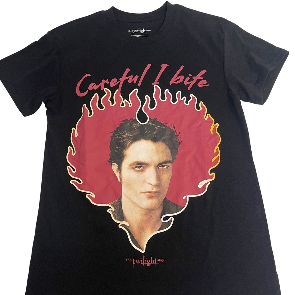 Twilight Edward Cullen Careful I Bite Graphic T-Shirt Black Vampire - Size Small